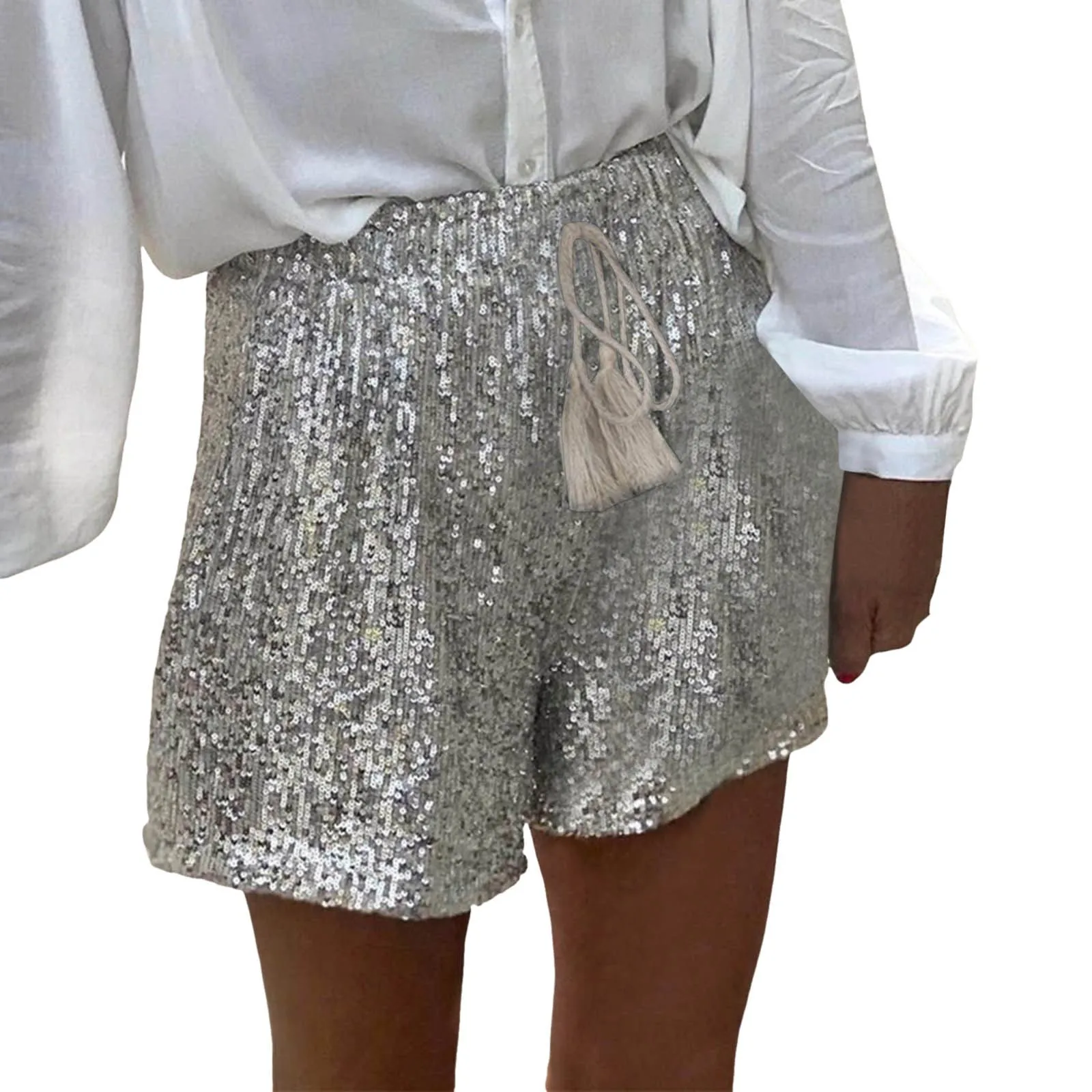 Women Summer Sequined Shorts High Waist Casual Loose A Line Hot Shorts Shiny Clubwear Night Out Shorts Silver Black Sexy Shorts