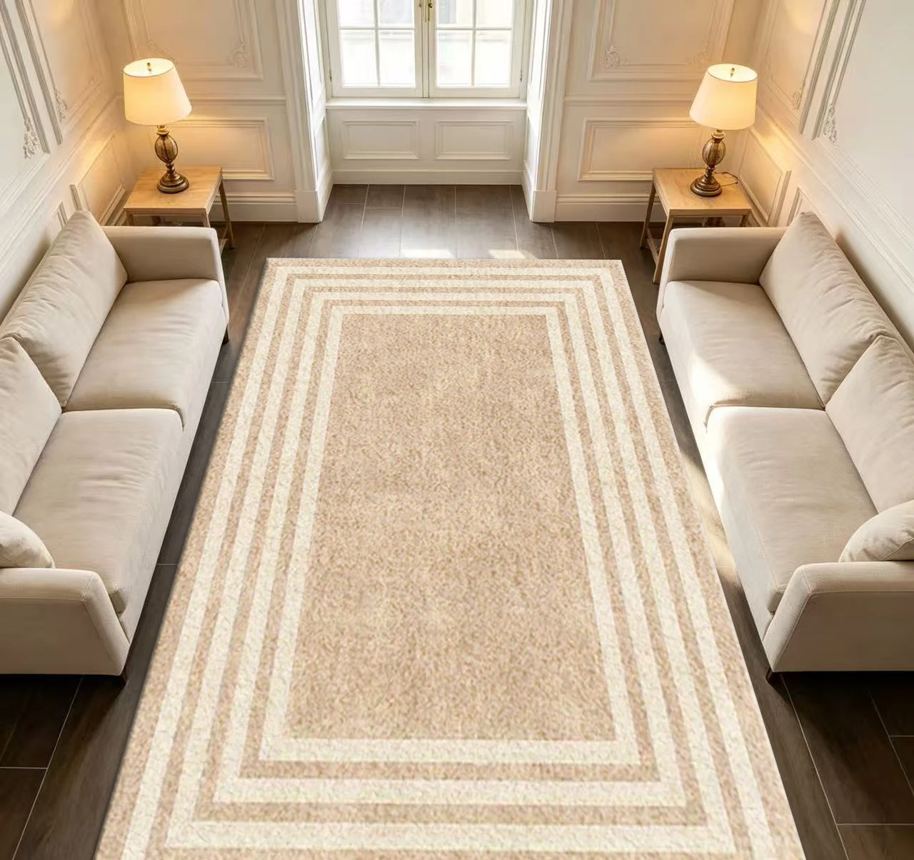 Classic Multi‑Layer Border Beige Area Rug Simple Geometric Frame Floor Carpet for Living Room Bedroom Entryway Home Decor