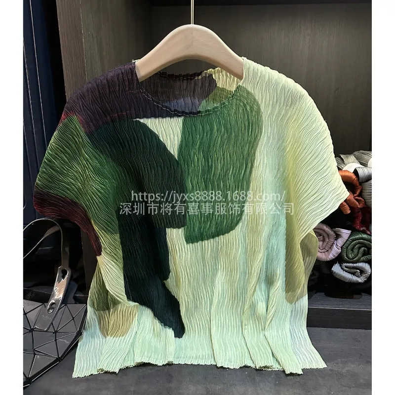 Miyake Pleated T-shirt High-end Pleated Tops 2025 Summer New Plus Size High Stretch Slim Draped Print T-Shirt Women Clothing