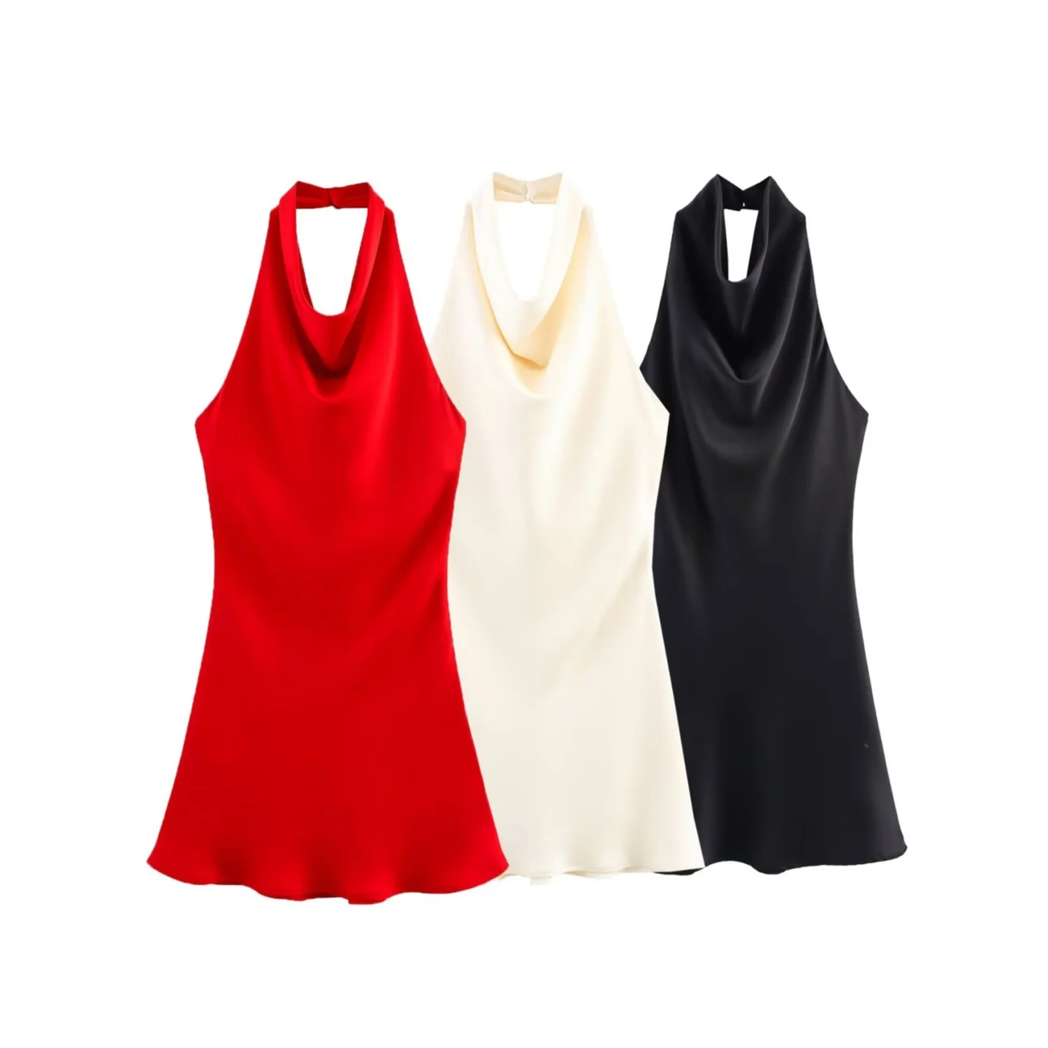 Verão nova textura de cetim vestido feminino moda sem mangas sem costas halter pescoço chique feminino vestidos de noite