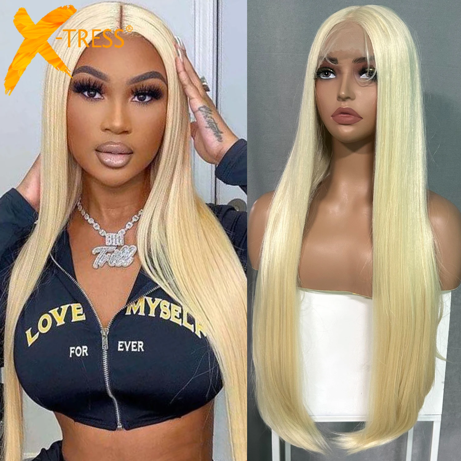 

X-TRESS 613 Blonde Synthetic Lace Front Wig 32" Long Straight Layered Middle Part Wigs with Baby Hair Soft Silky Hair for Women