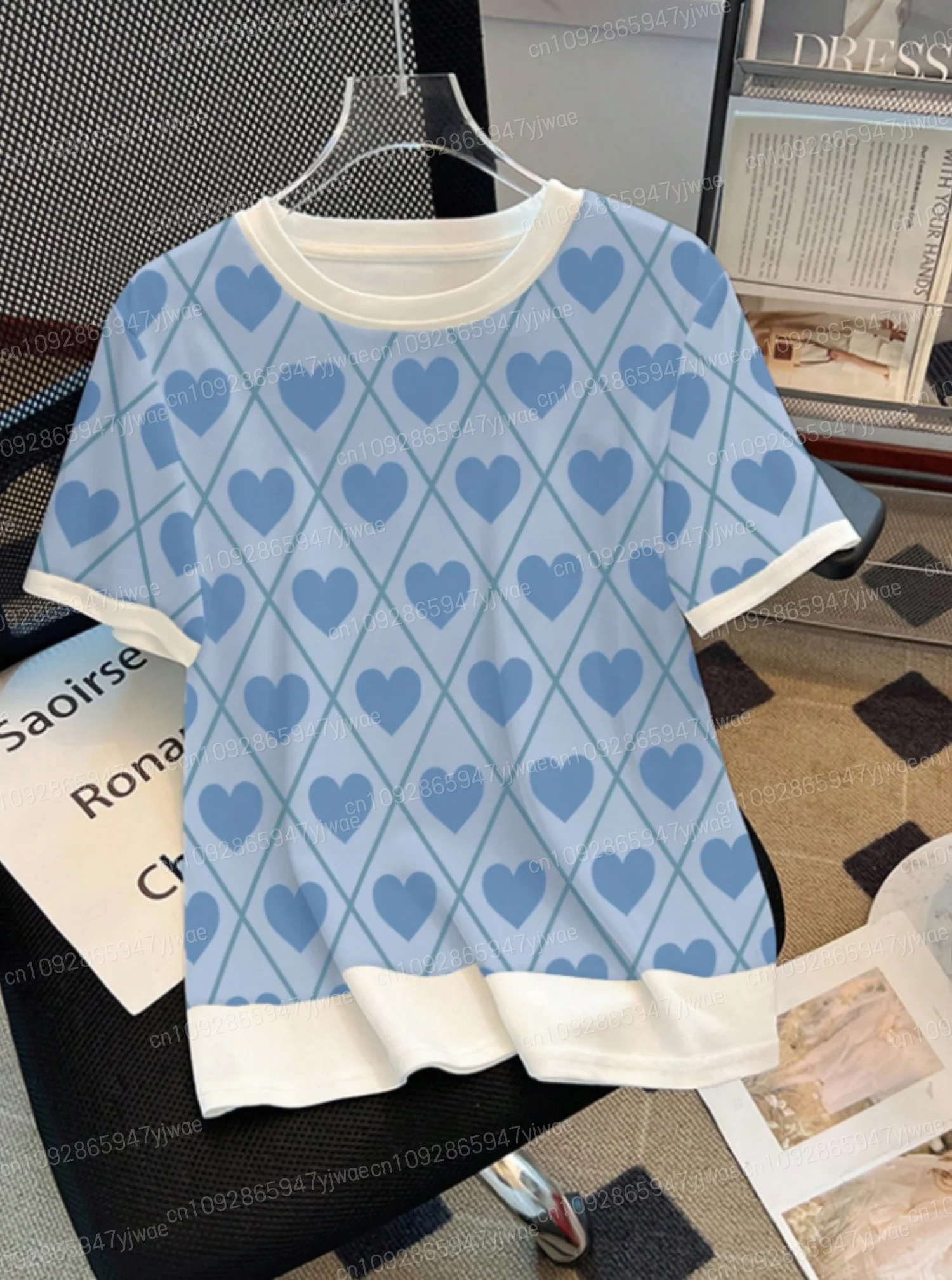 

Summer Women Fashion Blue Love Print O-Neck Short Sleeve T-Shirt Summer Tee Daily Home Stripe Oversized Sport T-Shirt