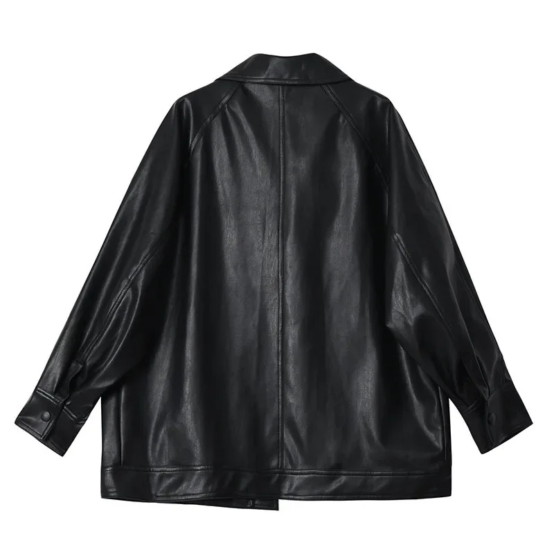 Mid-length Loose Vintage Black Big Pocket Faux Leather Coat With Belt Spring Autumn 2025 Women Casual Biker Jacket Veste Femme