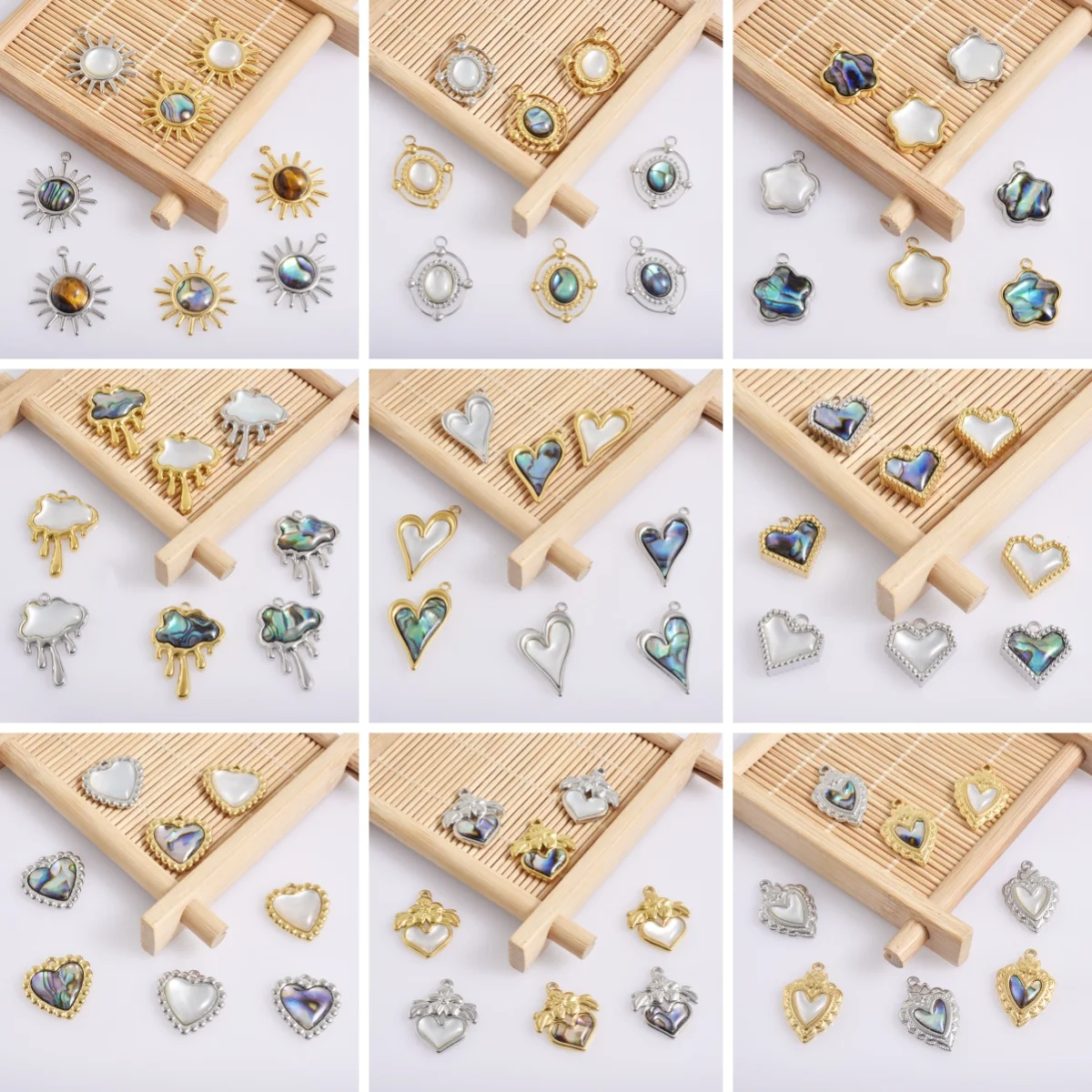 Fashion 5pcs/lot Sun Flower Heart Cloud Shaped Natural Abalone Shell Stainless Steel Pendants Charms DIY Jewelry Making Findings