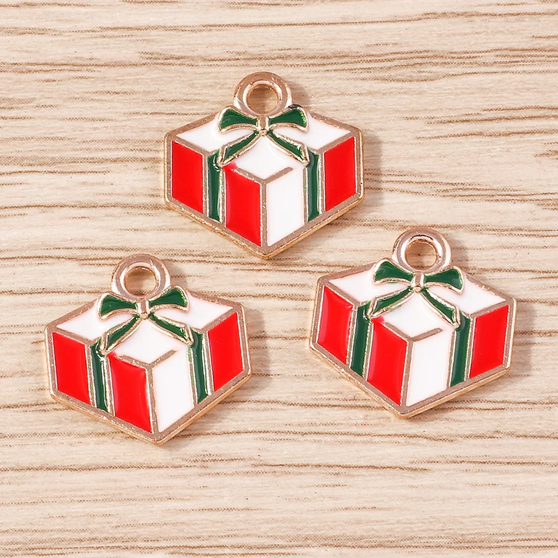 10 Stück 15x15mm Niedliche Emaille-Weihnachtsgeschenkbox-Anhänger für Schmuckherstellung, Ohrhänger, Halsketten, DIY-Bastelzubehör – Detail 3