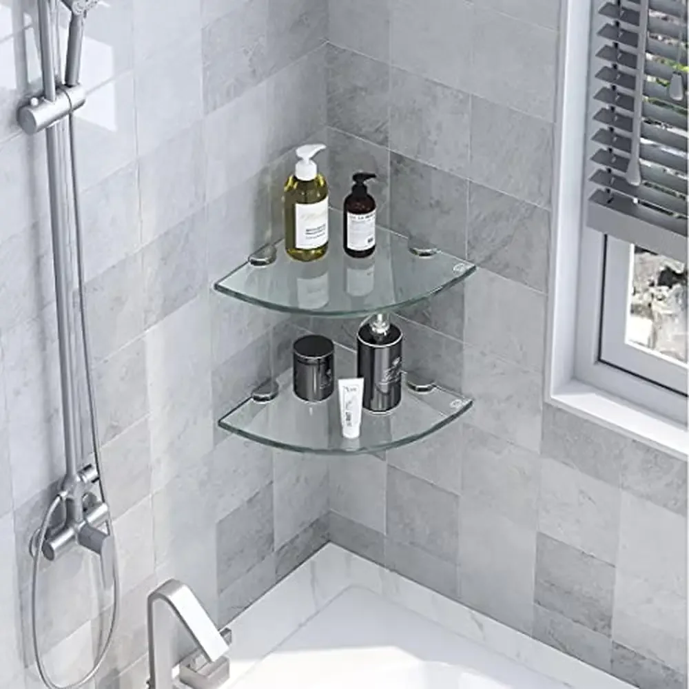 2-Pack Tempered Glass Corner Shelves Wall Mount Bathroom Organizer Shower Caddy Holder Shampoo Soap Sturdy Mounting Kit included