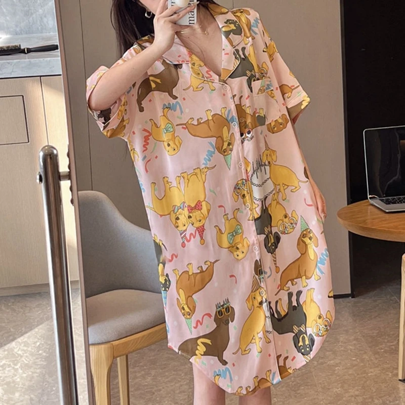 Summer Women Cardigan Pajamas Dress Ice Silk New Cartoon Animal Printed Nightgown Lapel Short Sleeves Nightdress Cool Night Gown