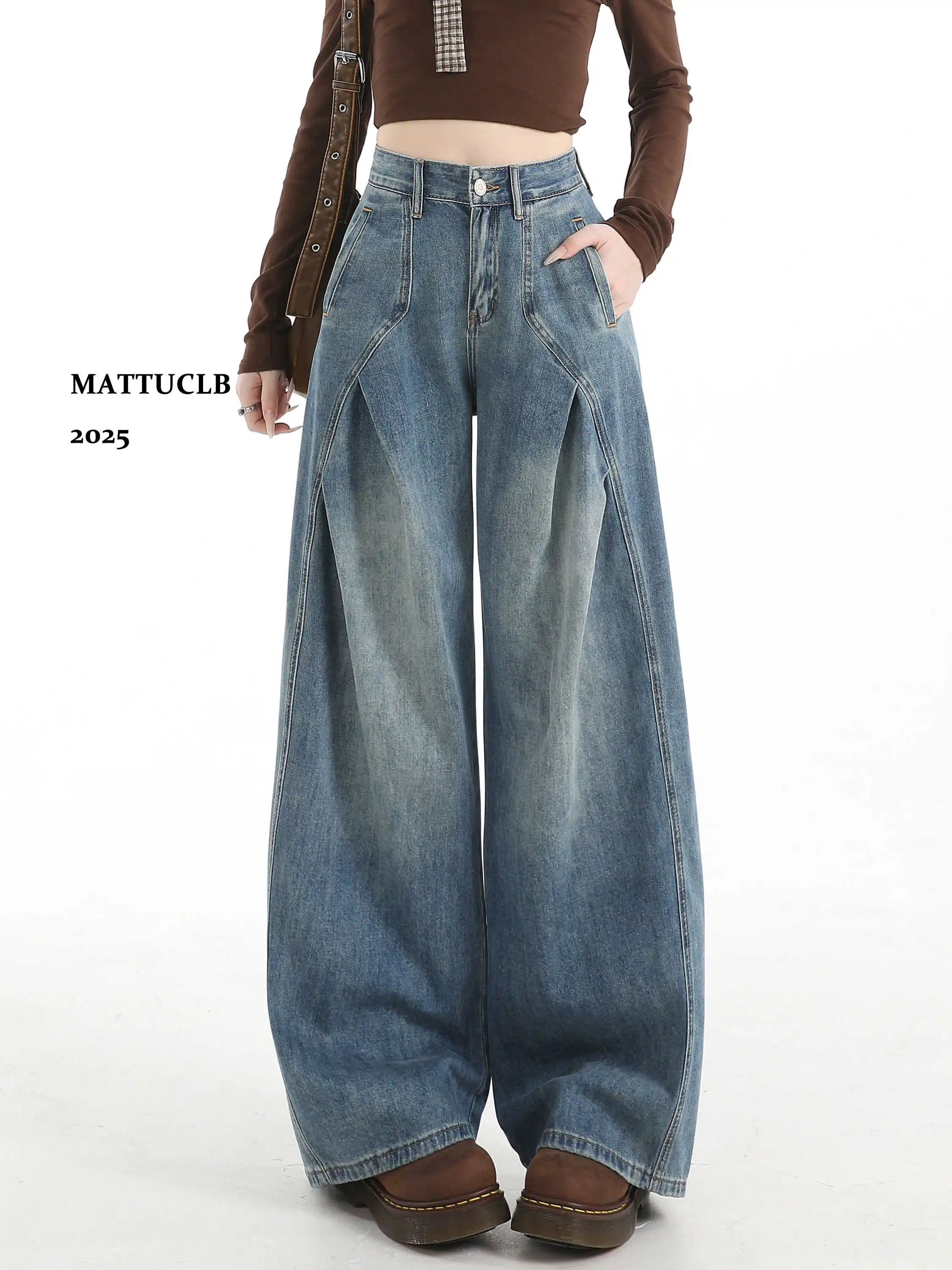 Damskie jeansy w stylu amerykańskim retro, luźne spodnie jeansowe, niebieskie, z wysokim stanem, szerokie spodnie dżinsowe Y2k, spodnie o luźnym kroju, styl high street, japoński Harajuku, nowości