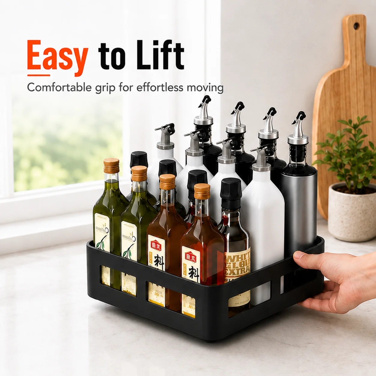 Rotating Spice Rack Kitchen Countertop Organizer Seasoning Storage Tray Single Layer Square Bottle Holder for Oil Condiments