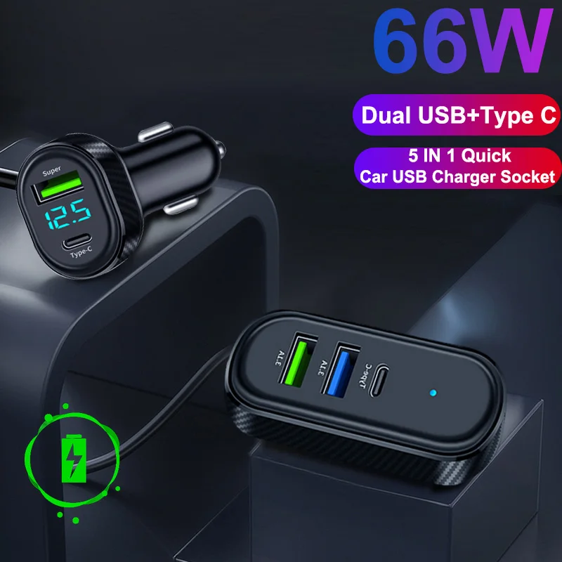 12V/24V Autoladegerät mit 5 Multi-Ports USB Typ C, 66W Super-Ladeadapter, automatischer Zigarettenanzünder-Stecker mit 150 cm langem Kabel