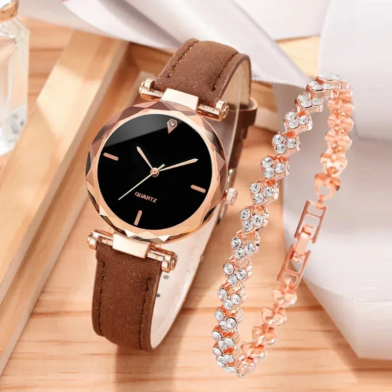 2pcs Luxury Fashion Watch for Women Set PU Leather Strap Ladies Watch Quartz Wristwatch Rhinestone Rose Gold Alloy Bracelet Gift