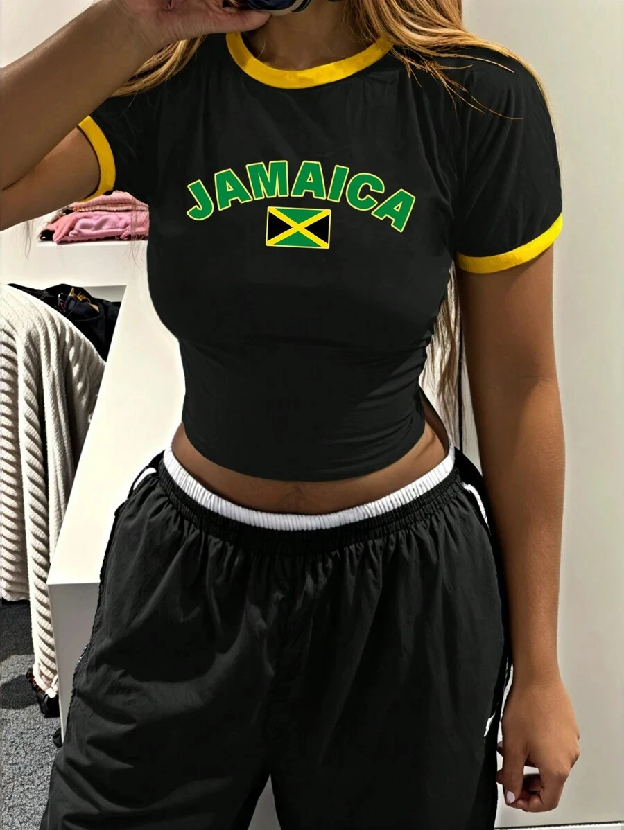 المرأة "Jamaica" إلكتروني طباعة عادية Colorblock المجهزة اقتصاص تي شيرت قصير الجرافيك تيز المرأة بلايز المحملة