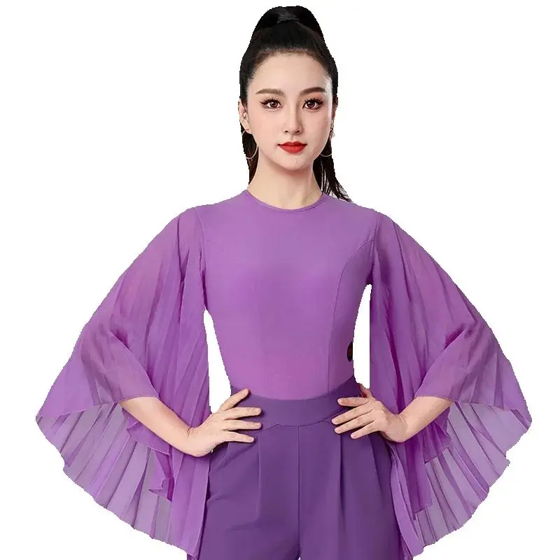 Fioletowo-czarne bluzki do tańca towarzyskiego, walca, tańca nowoczesnego, damskie bluzki z falującymi rękawami do tańca latynoamerykańskiego, odzież treningowa SL13413