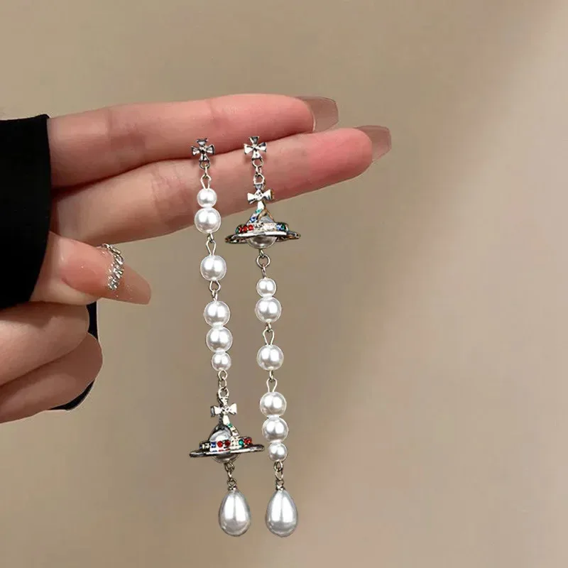 YISON Fashionable Long Pearl Planet Asymmetric Earrings Luxury Women's Sensation Bell Ear Stud Elegant Jewelry Accessories Gift