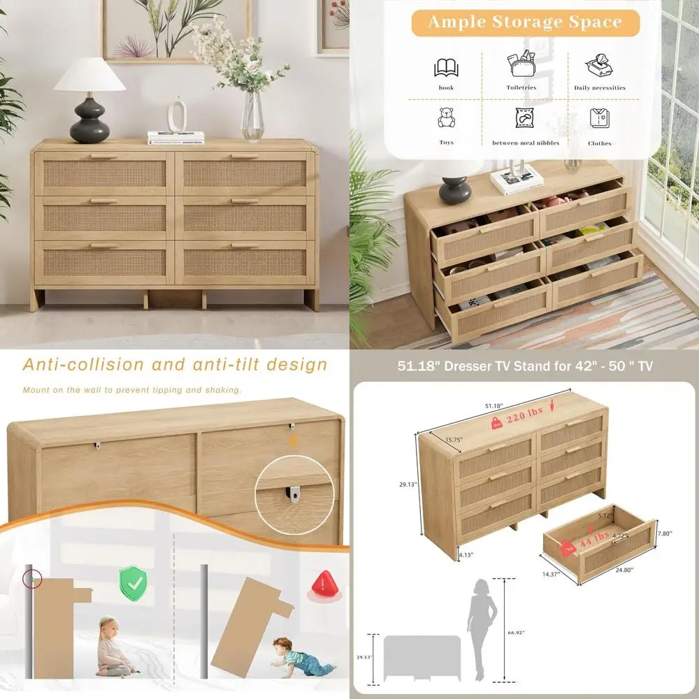 

6 Drawers Bedroom Furniture, 51 Wide Rattan Dresser, Child-Safe Rounded Corners, Bohemian Chest of Drawers, Wooden Wardrobe, TV