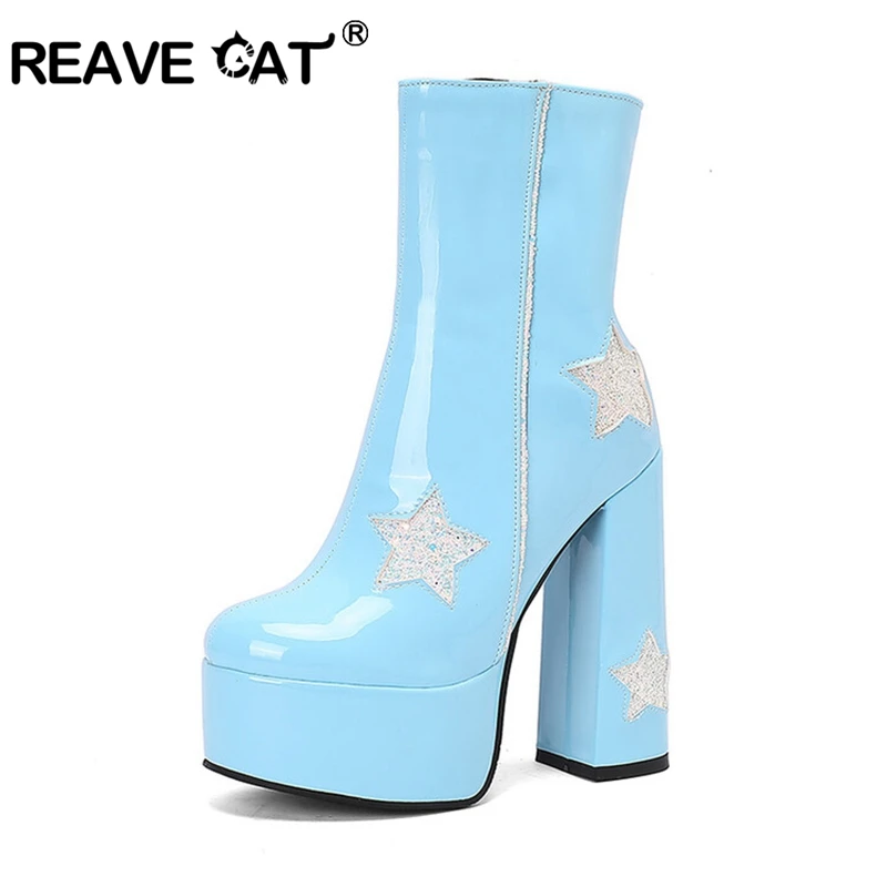 

REAVE CAT Mid Calf Boots Extra High 14.5CM Chunky Heels 5cm Platform Zip Patent Leather Big Size 46 US14 US15 Party Women Bota