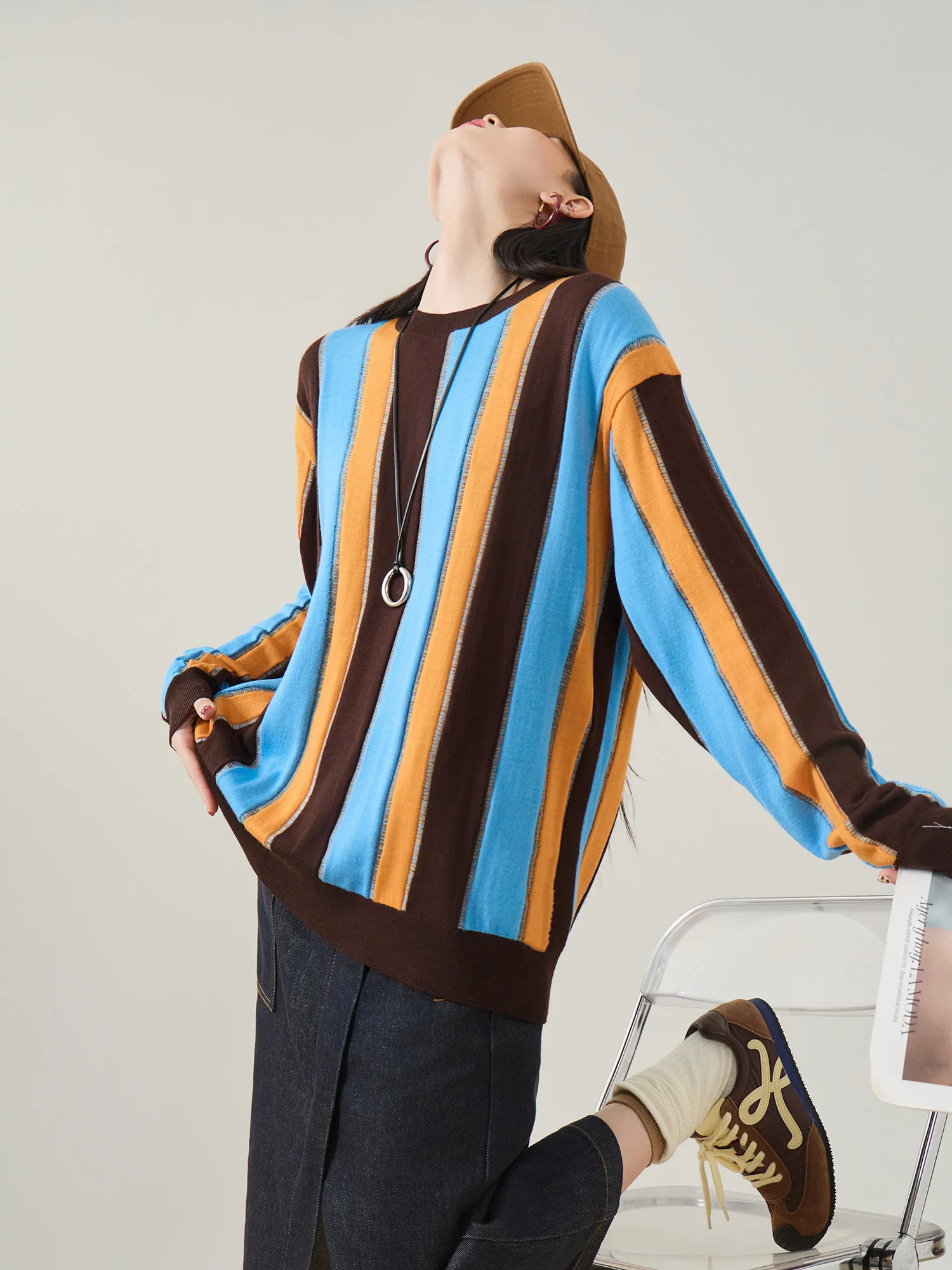 

V-Ne Long Sve Knitted Sweater Women's Loose Fit oulder Casual Striped Spring New Sle Retro Color Blo Sweater