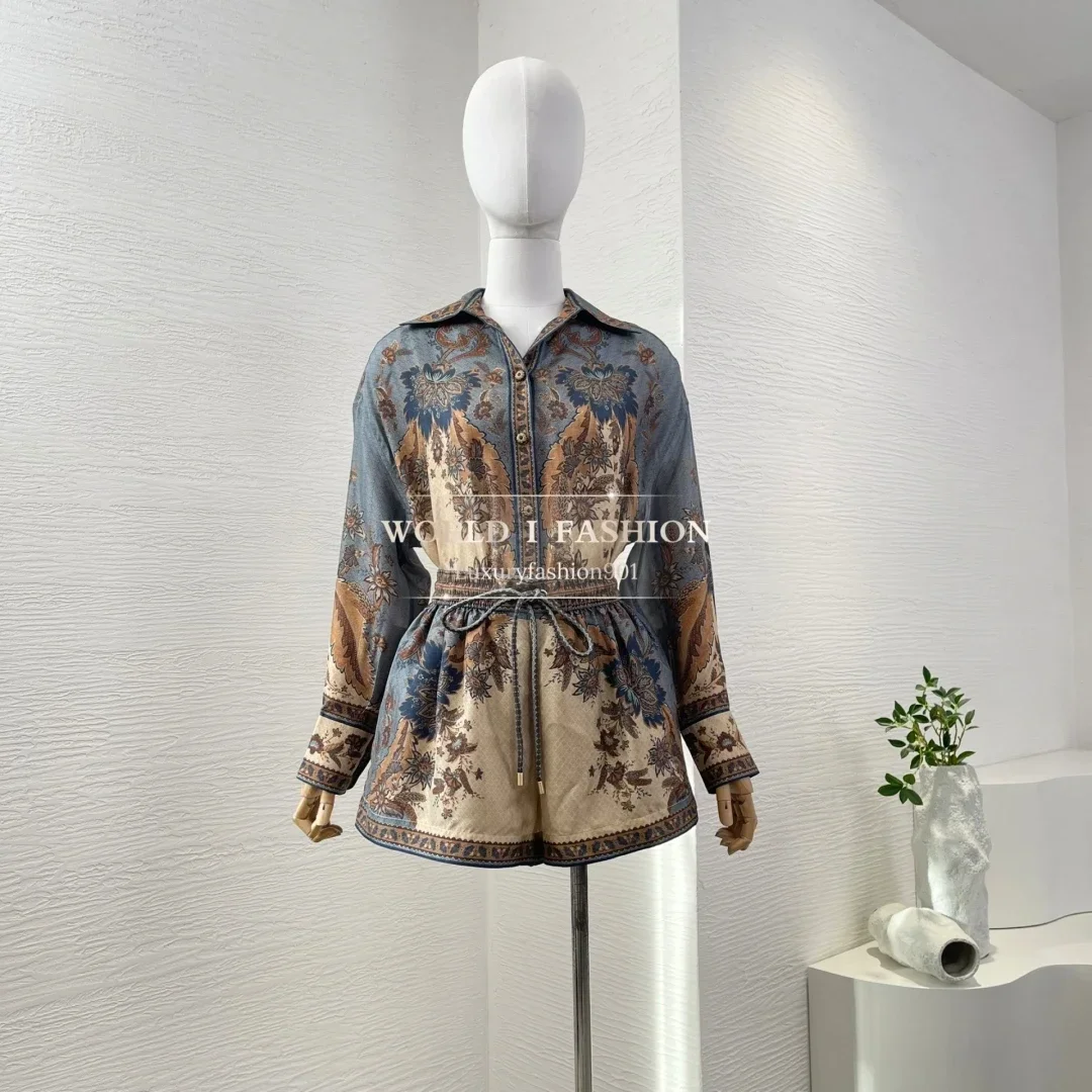 

2025 New Fashion Photo Color Floral Print Long Sleeve Lapel Print Blouse Tops and Shorts Set