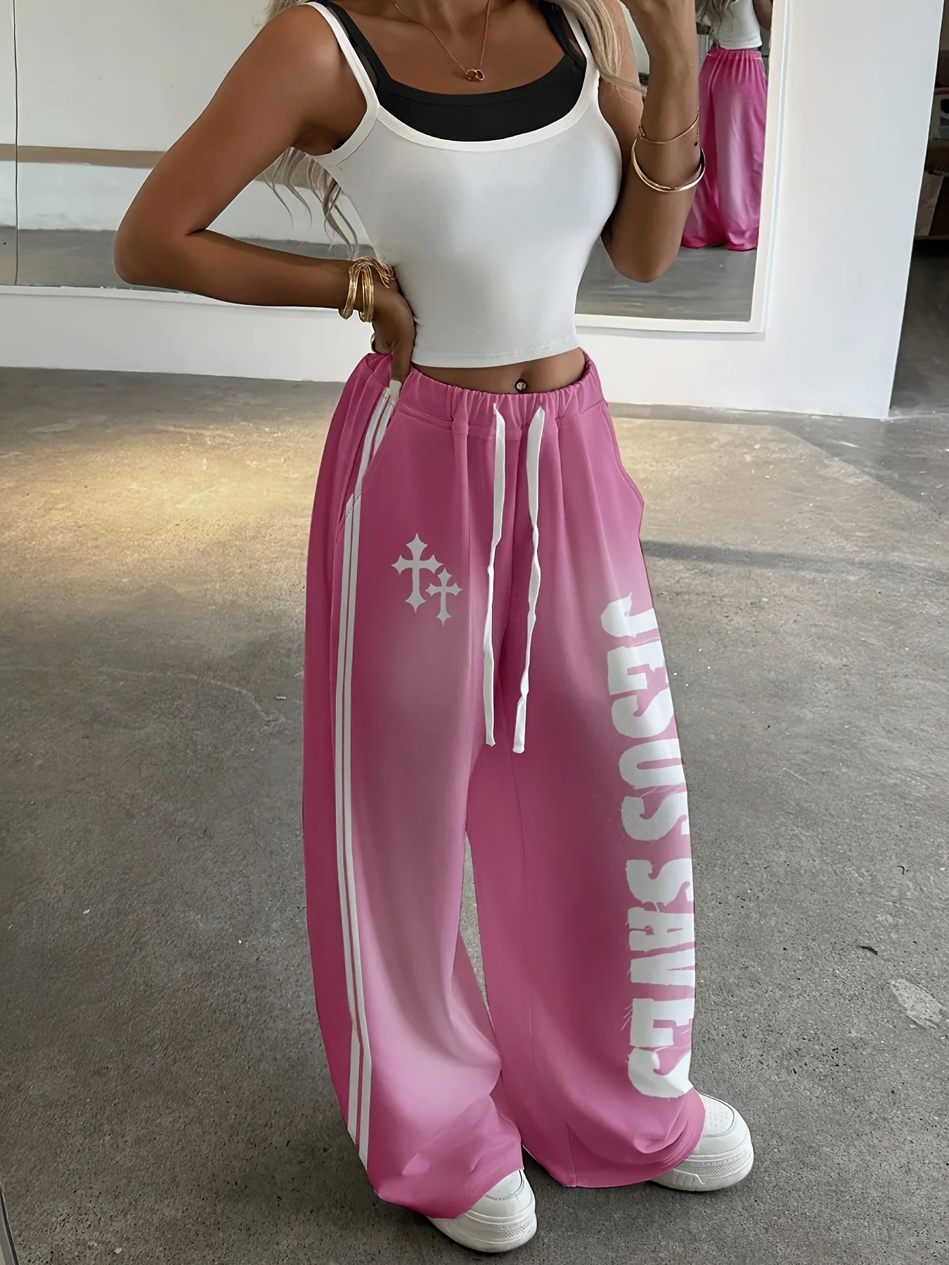Pink Gradient 2026 Gothic Cross Sweatpants Women's Elastic Drawstring Waist Oversized Quick Drying Wide Leg Streetwear Kids