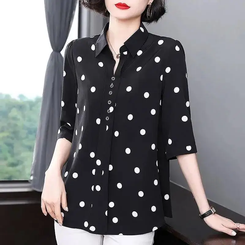 2023 New Versatile Commuter Women's Clothing Simplicity Dot Print Buttons V-neck Half Sleeve Temperament Pullover Shirt