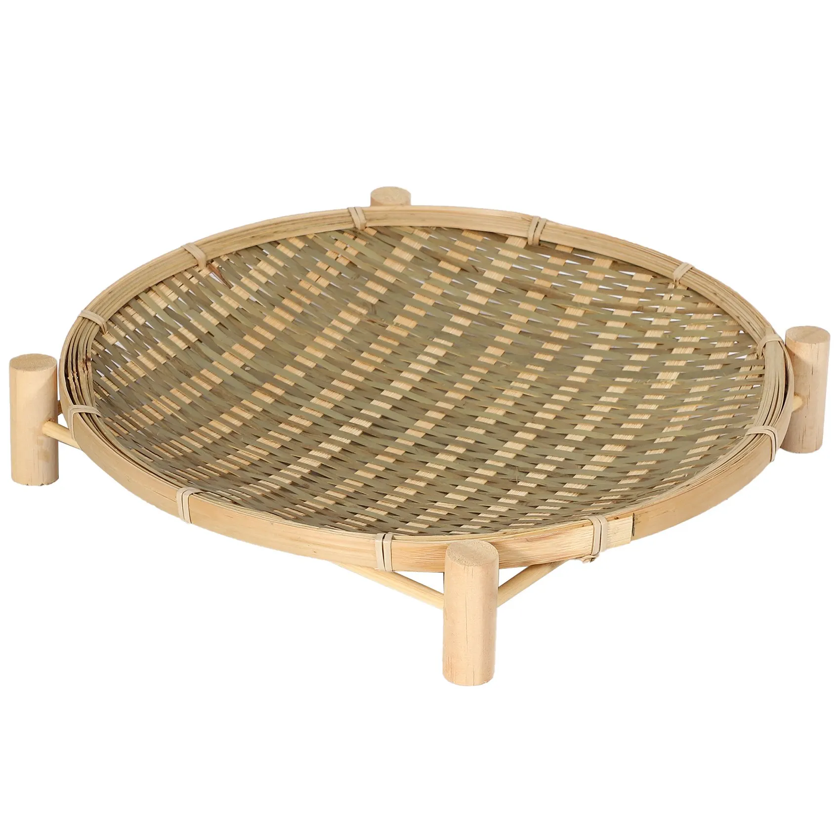 Handmade Woven Bamboo Fruit Basket Food Bread Organizer Kitchen Storage Decorative Round Plate with Bracket