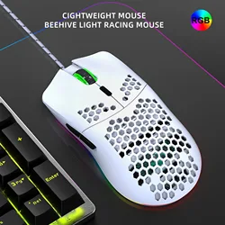 White Mouse with Honeycomb Shell 6 Programmabl Buttons Lightweight Gaming Mice Ergonomic Computer for Windows/PC/Mac