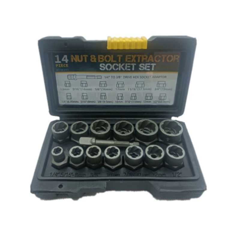 14 Piece Lug 3/8Inch Drive Impact Bolt Nut Extractor Set Black Nut Remover Kit 1/4Inch-3/4Inch Twist Socket Tool Set