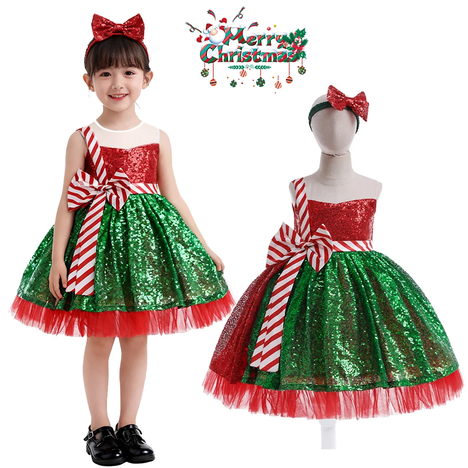 Girls Christmas Dress Red Green Color Block Tutu Ball Gown with Hair Bow Belt Birthday Party Outfit for Baby Toddler Kids