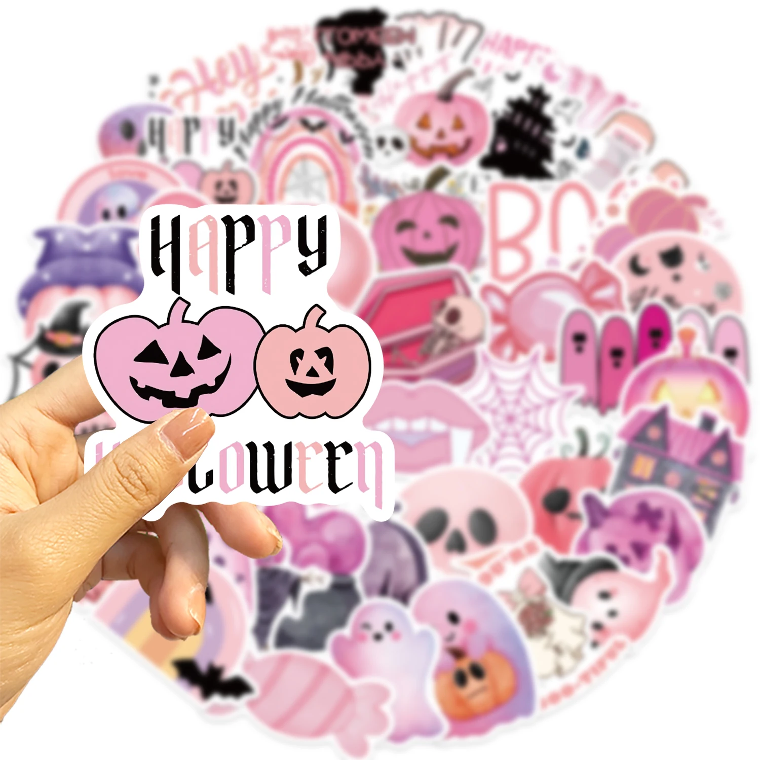 50PCS Kawaii Pink Halloween Ghost Skull Pumpkin Stickers Waterproof Cute Decorative Notebook Guitar Skateboard Sticker Toy﻿