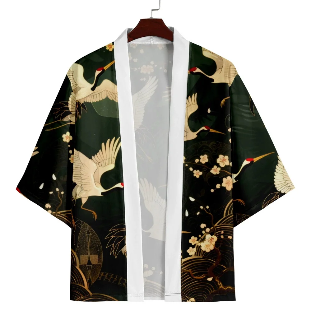 Crane Pattern Print Kimono Cardigan Traditional Men Women Harajuku Yukata Top Japanese Haori Samurai Cosplay Streetwear Clothing