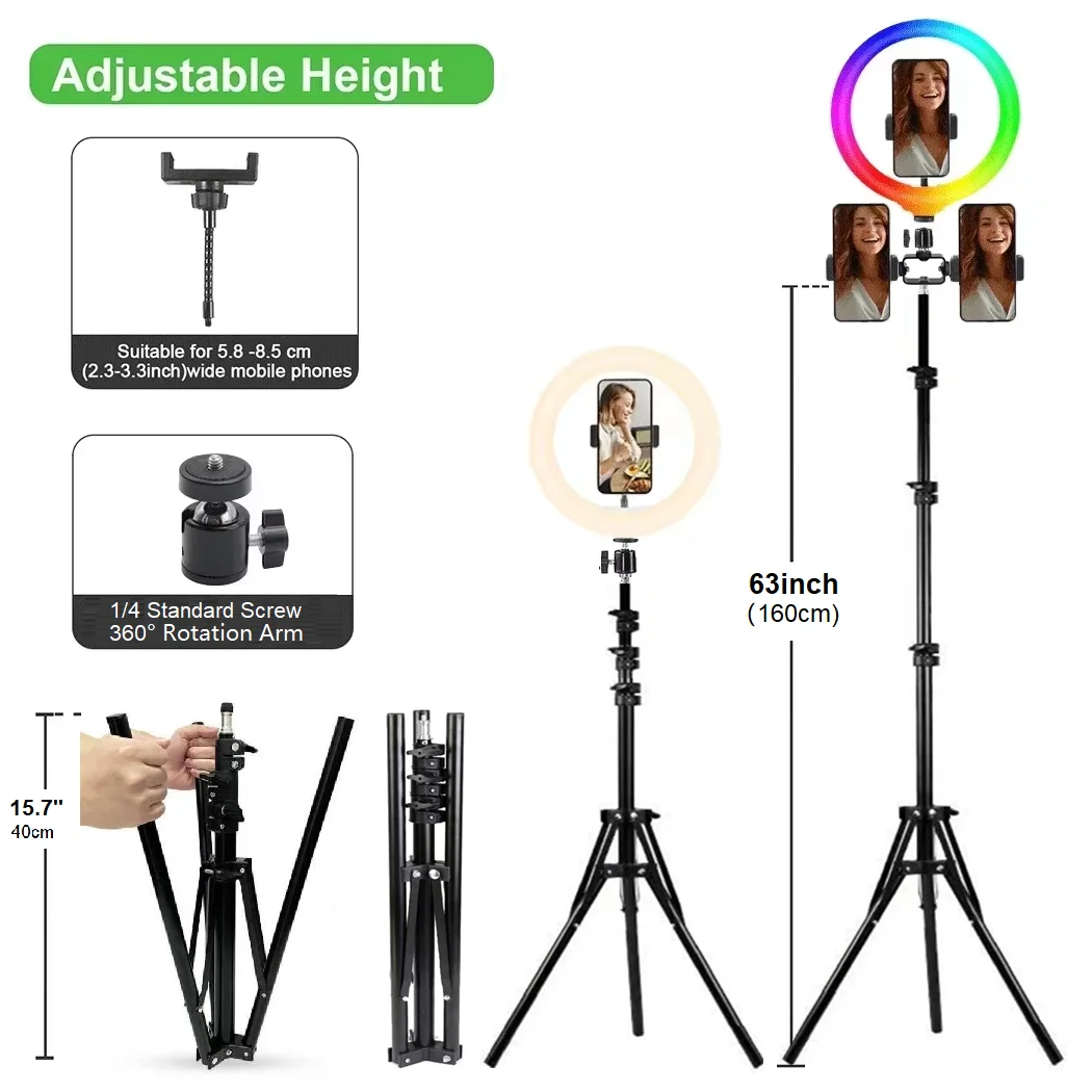 10''Ring Selfie Light Lamp with 63''Adjustable Floor Tripod Phone Holder Stand for Photo Studio Light Vlog Video Shooting Makeup