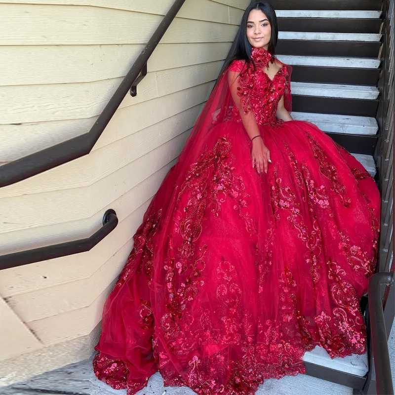 Glittery-vestido de baile de quinceañera, Retro, Burgundy, con capa, 2 en 1, apliques de lentejuelas, estilo mexicana, 15 años