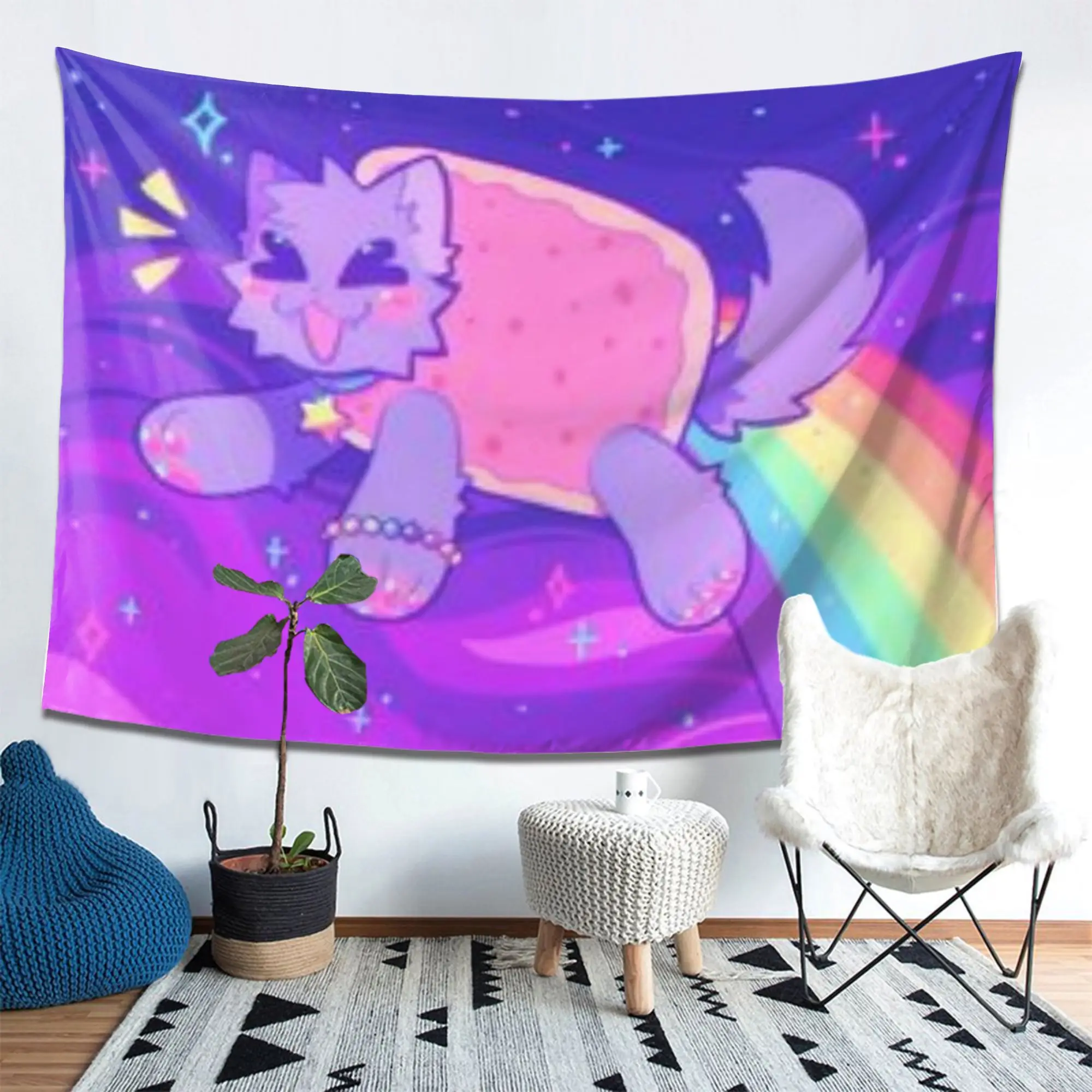 VIKAMA Y2K Pixel Cat Tapestry, Rainbow Star Aesthetic Wall Hanging, Cute Indie Room Decor for Bedroom Dorm Living Room