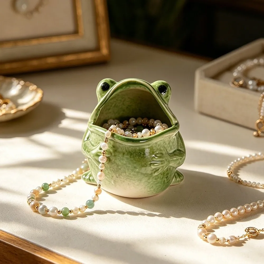Ceramic Frog Jewelry Holder Open Mouth Frog Shape Money Saving Jar Freestanding Glazed Finish Frog Trinket Bowl Dresser Decor
