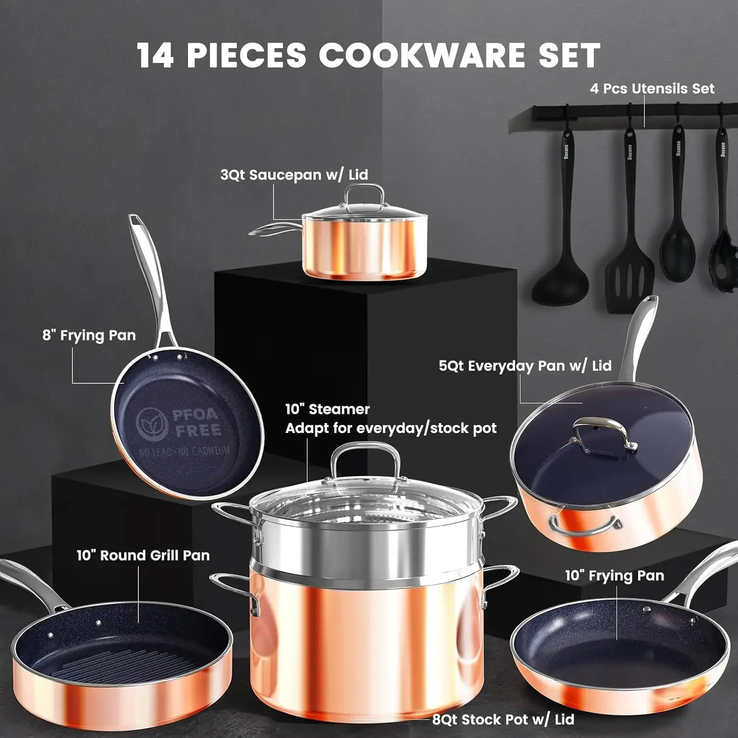 Deluxe 14PC Nonstick Cookware Sets, DUXANO Freshness-Maintained Pots and Pans with 9H Hardness 2-Layer Ceramic Coating,