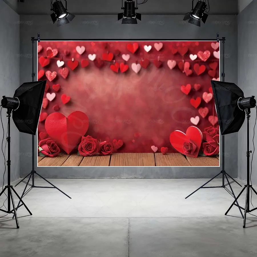 MOON.QG خلفية عيد الحب الدافئة الأحمر القلب ارتفع أكاليل مصابيح أرضية خلفيات للصور النساء التصوير ملصق