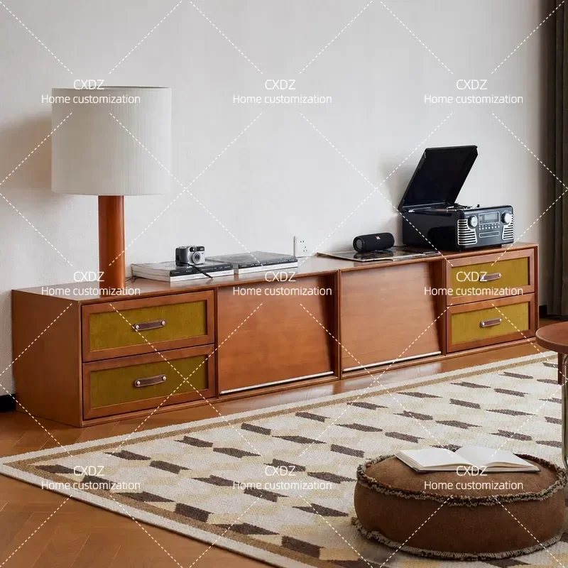 Retro TV Cabinet Solid Wood Floor Standing Media Console with Storage Antique Style Living Room Furniture Integrated Cabinet