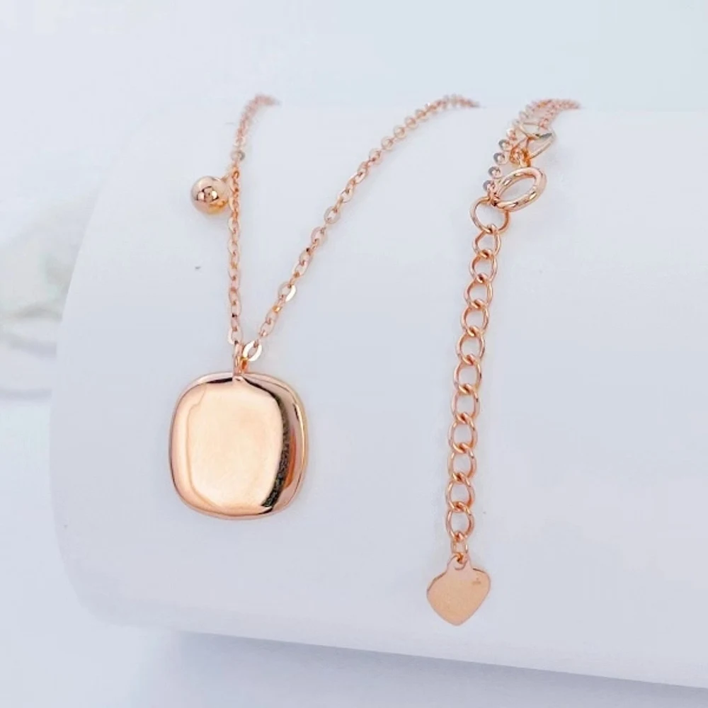 

Real Pure 18K Rose Gold Chain Women Lucky Glossy Square Pendant O Link Necklace 2.65-2.78g