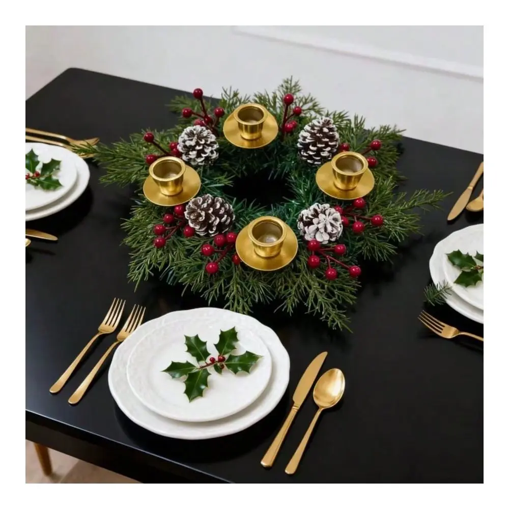 Candle Wreath Candle Holder With Pine Branches, Pine Cones, Red Berries, Gold Candle Cup, Holiday Centerpiece Decor