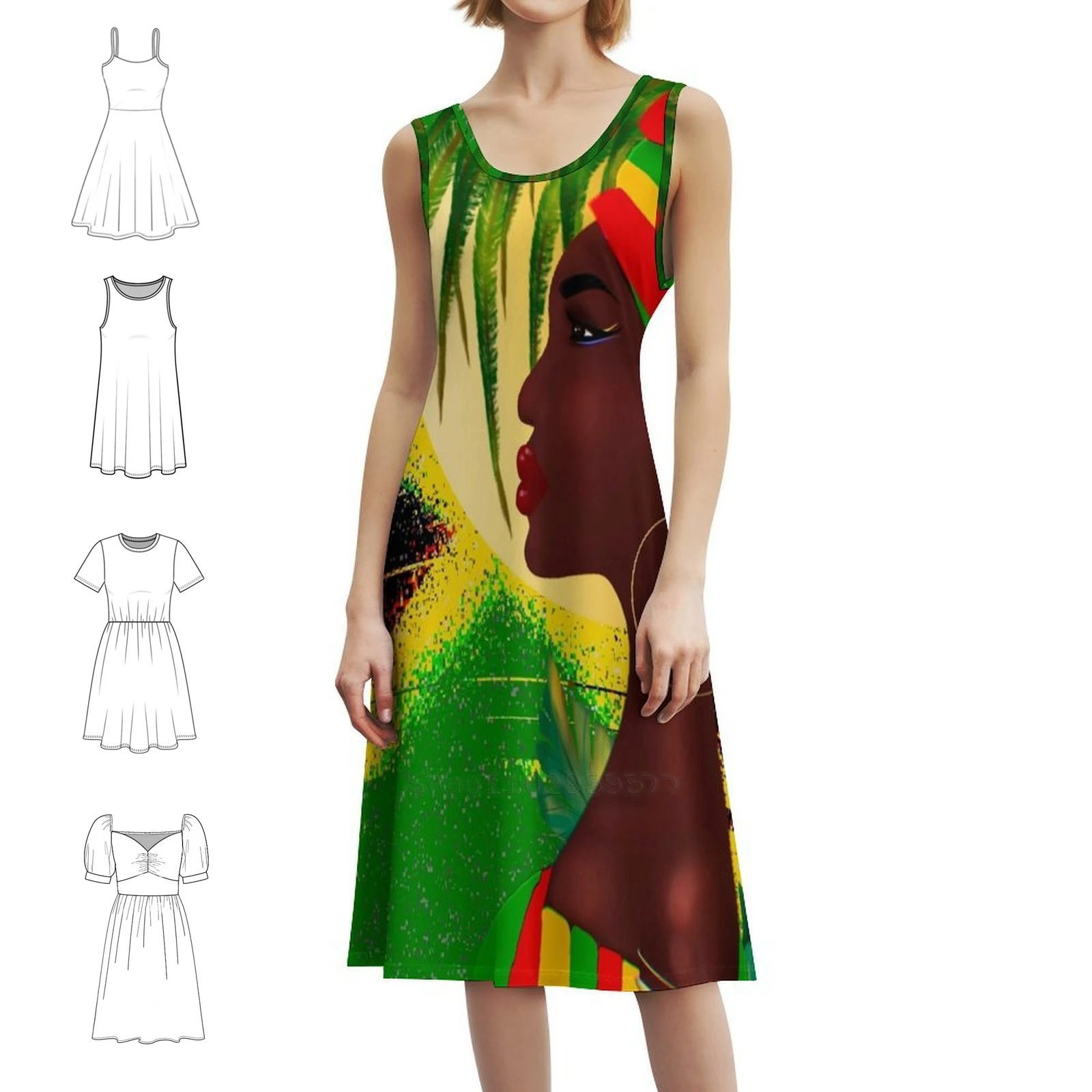 

Jamaican Sunrise Woman Art Bohemian Sleeveless Dress Multi-Print Beach Vacation Party Dress Afro Caribbean Reggae Rasta