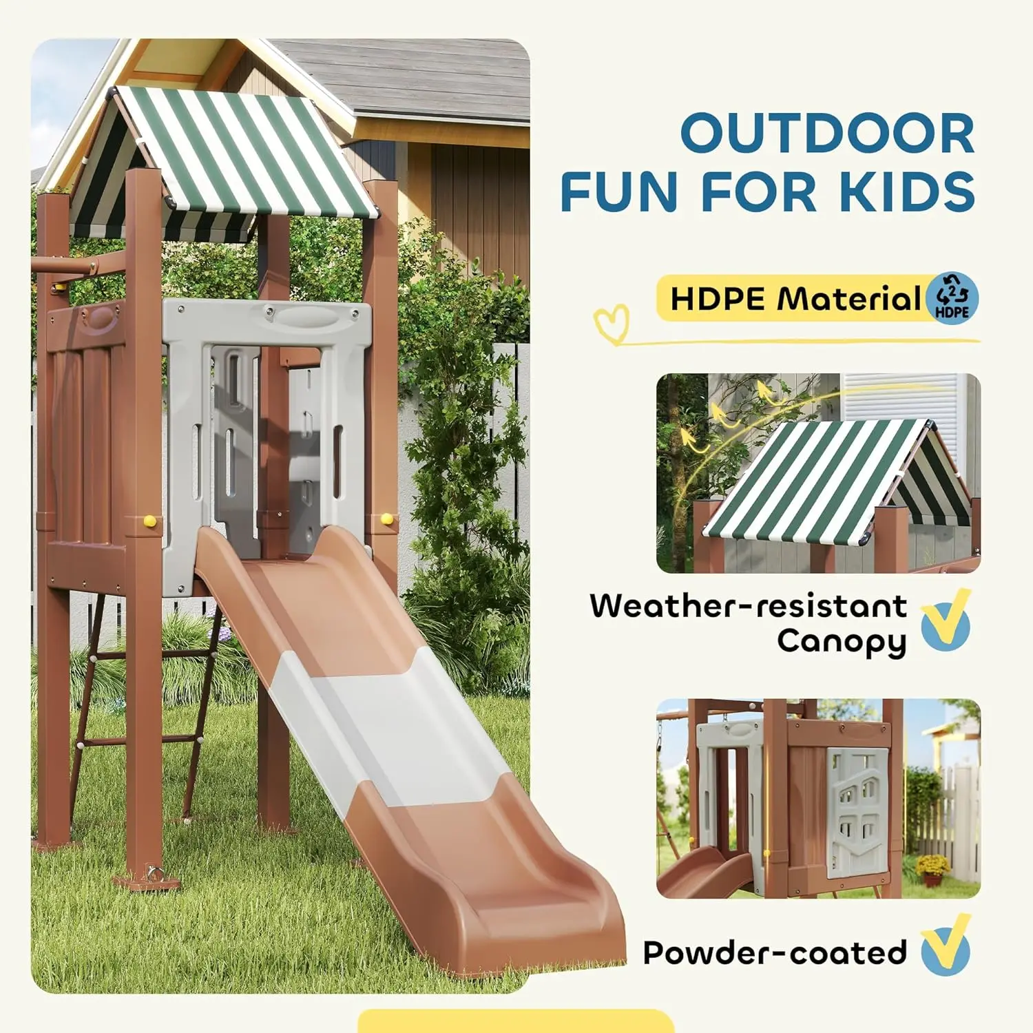 Set altalena per bambini per cortile, set parco giochi con scivolo da 6 piedi, 2 altalene regolabili, forte con baldacchino, scala, set da gioco per esterni con