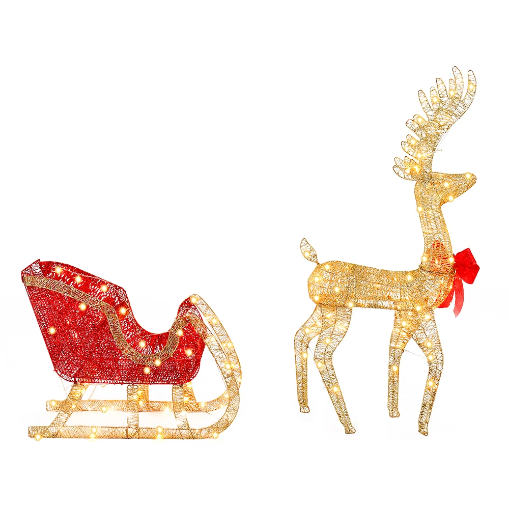 

74*20*120cm 30.00V 3.60W Golden Elk Deer Sled Iron Frame Cotton Thread Green Onion Powder Courtyard Elk Decoration