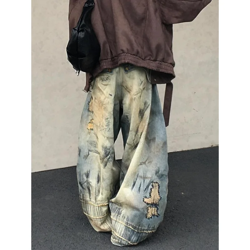 Women Vintage Long Pants Large Size Washed Embroidered Jeans Street Loose Fit Wide Leg Drop Fashion Broken Comfortable Clothing