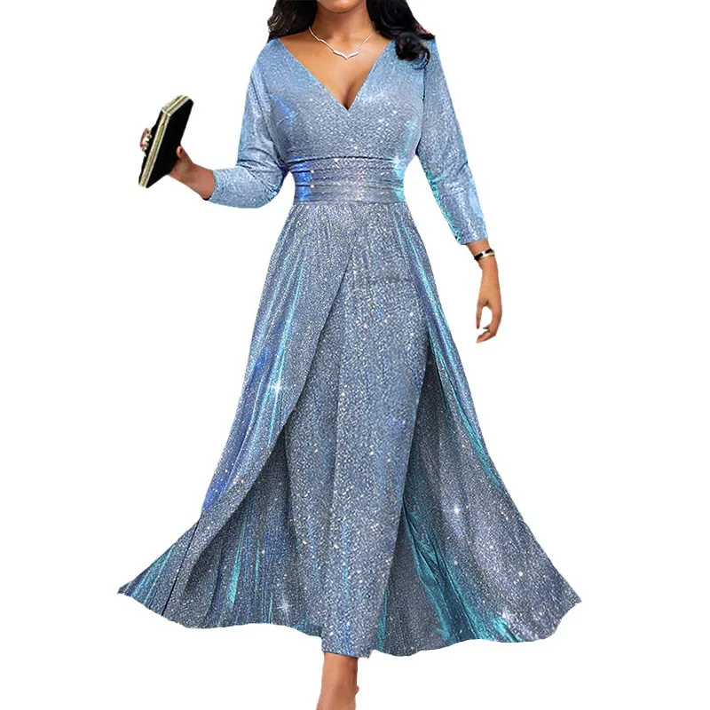 Robe de soirée à paillettes pour femmes, grande jupe à ourlet, ceinture, col en V profond, bleu glamour, robe de Rh, le plus récent, en stock