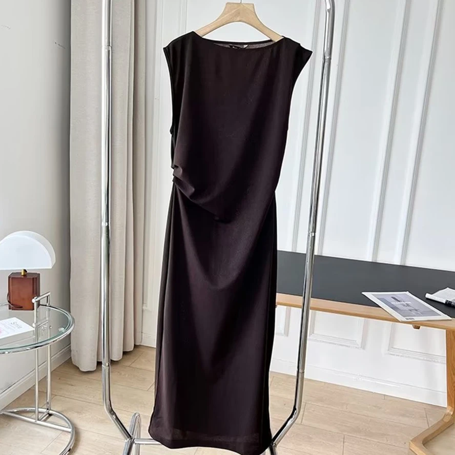 

Dave&Di French Fashion Ladies Elegant Lyocell Dress Casual Commuting Sleeveless Brown Midi Dress Female