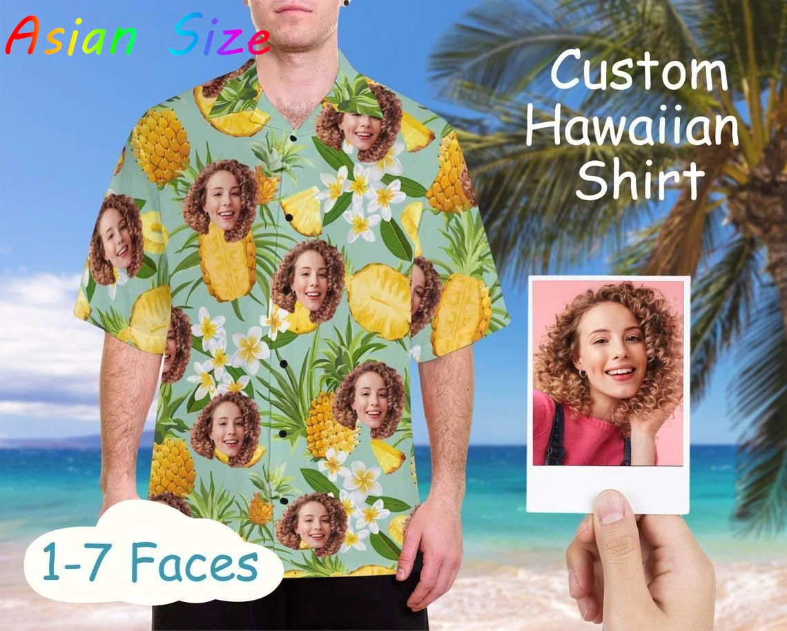 Camisas de playa tropicales hawaianas personalizadas, Camisa hawaiana con botones de diseño de cara Diy, fotos personalizadas, blusas femeninas, Camisa informal Unisex