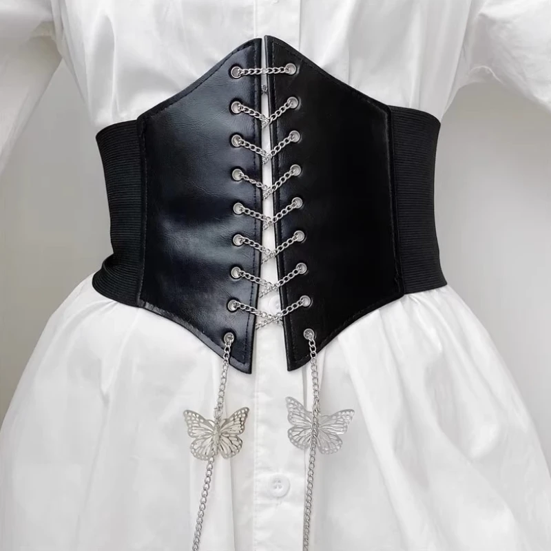 Женский модный корсет с широким поясом из искусственной кожи, эластичный пояс для похудения, цепочка с бабочками, готическое платье, универсальные пояса