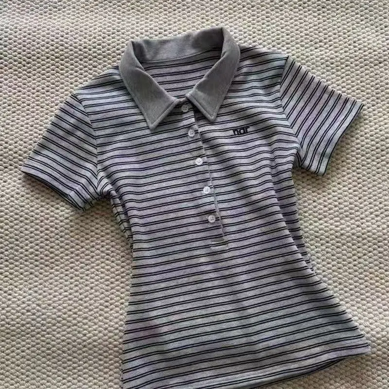 

Deeptown Vintage Striped Polo Shirts Women Retro 90s Preppy Style Short Sleeve T-shirts Casual Basic Korean Harajuku Fashion