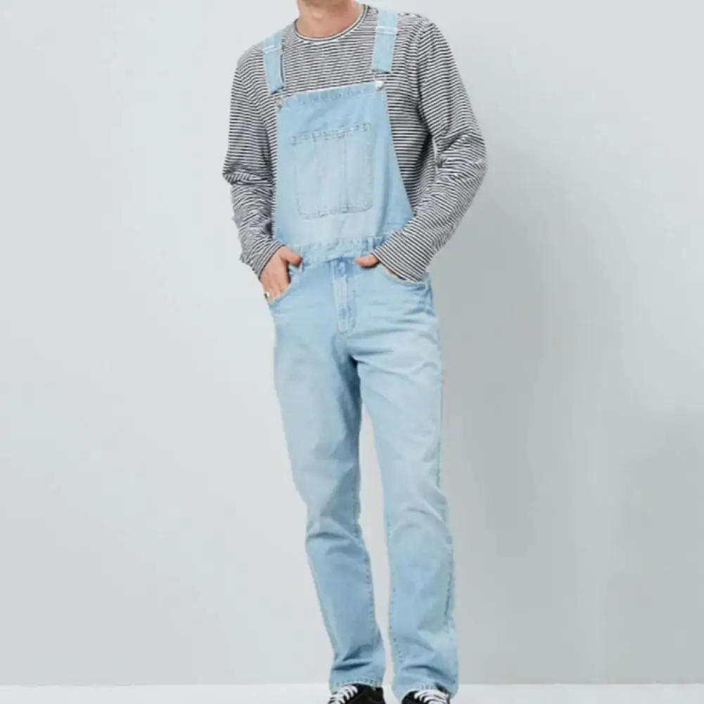 Men Denim Overalls Men's Soft Breathable Denim Jumpsuit with Suspender Long Pants Non-fading Solid Color Multi-pocket for A