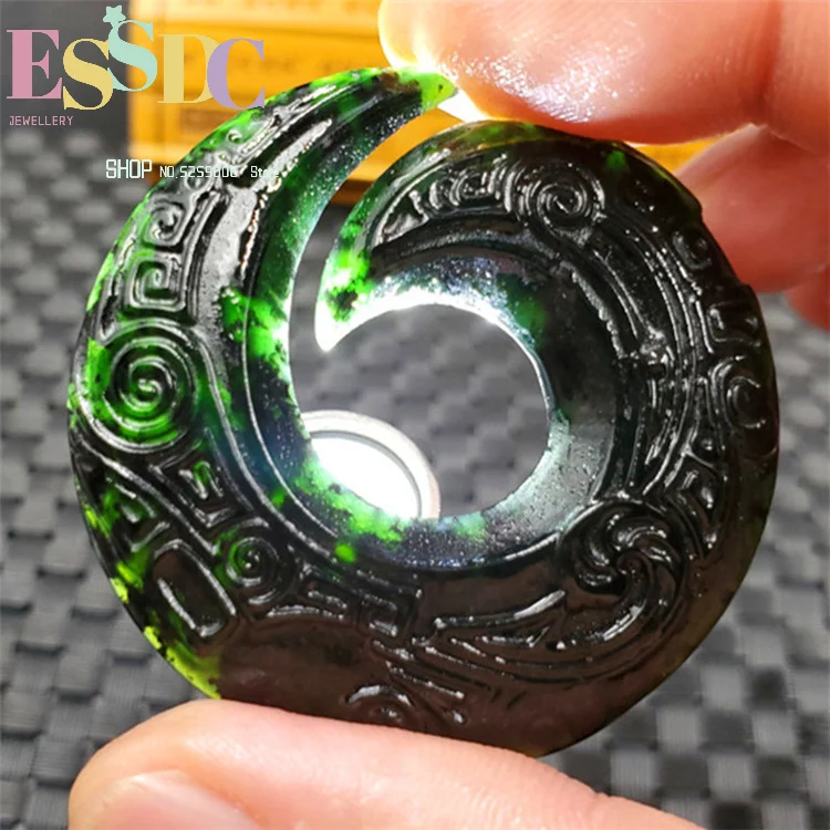 Natural serpentine hollow pendant Kirin Dragon brand black ink jade pendant green magnetic medicine king stone pendant